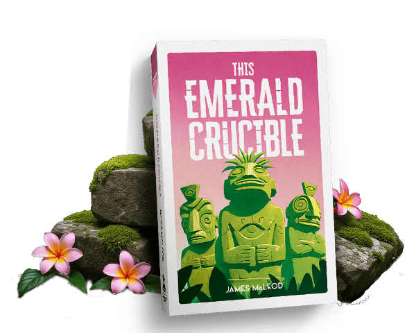A copy of the novel 'This Emerald Crucible' leans against a pile of ancient moss-covered stones.