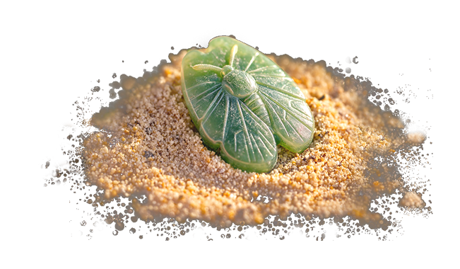 A small translucent moth amulet lies half-buried in the sand.